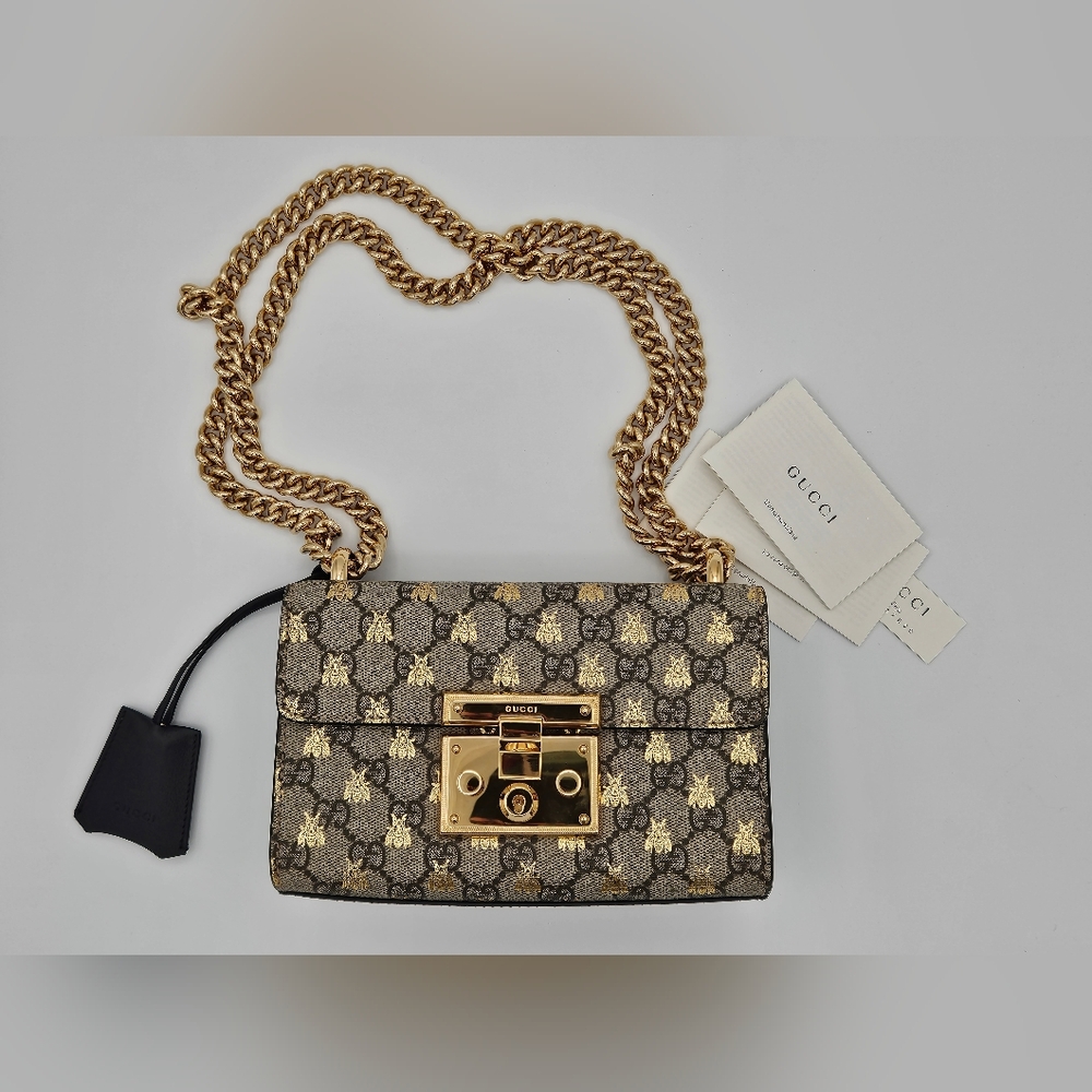 AUTHENTIC - Gucci GG Supreme Padlock Bees Small Chain Shoulder Bag - RARE
